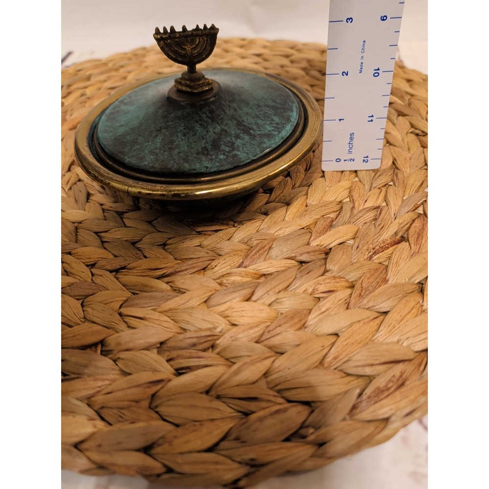 Brass Lidded Bowl with A Verdigris Finish Menorah Finial - Picture 10 of 10
